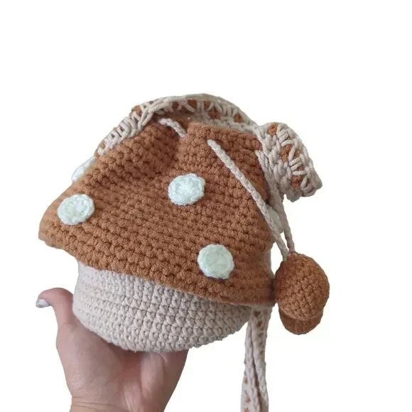 Handmade‎ Crochet Mushroom Purse Crossbody Bag Nature Brown Whimsical Fairy - Picture 2 of 9